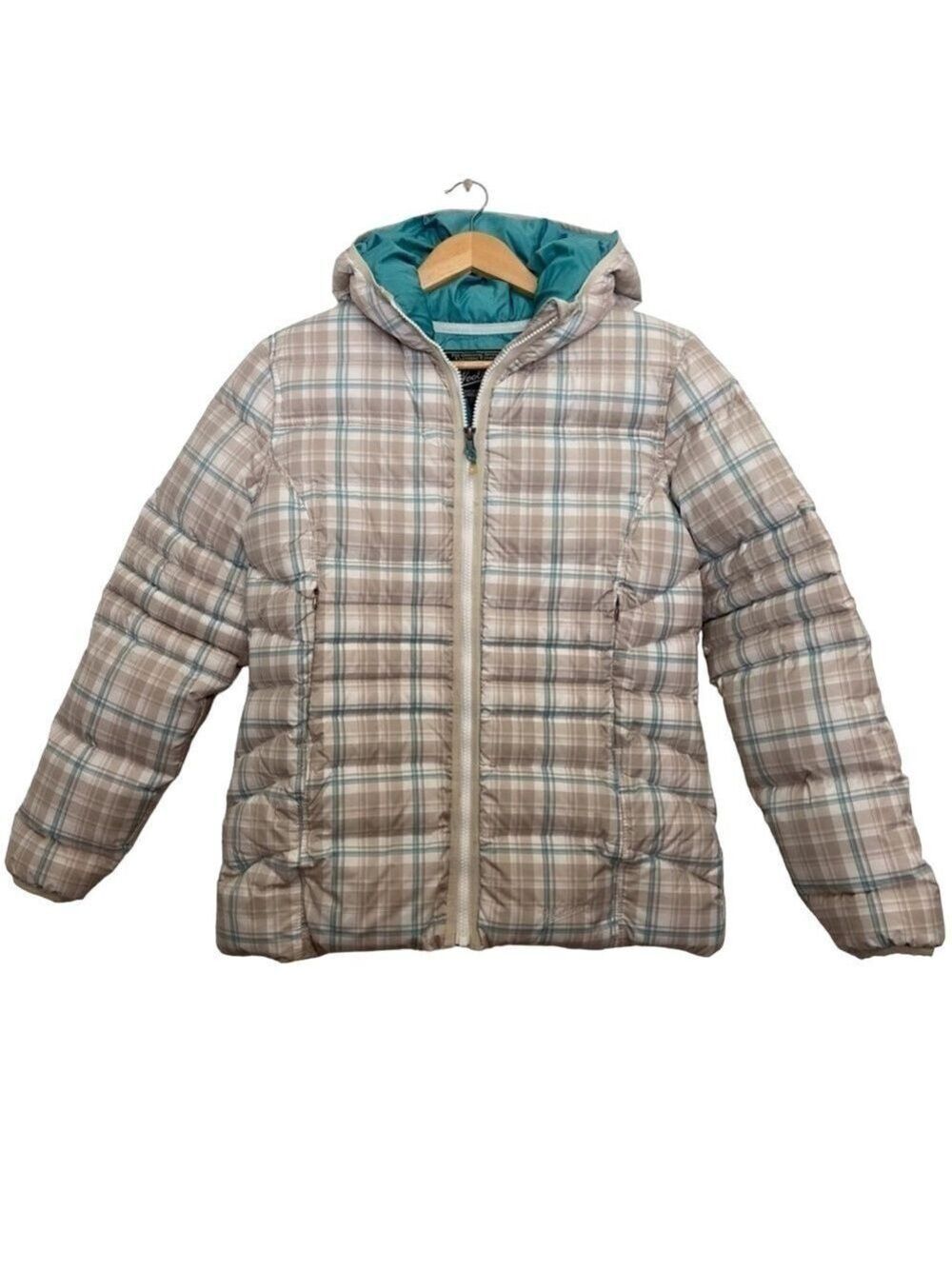 BEIGE ecru Woolrich down jacket puffer plaid ecru nude turquoise neutral